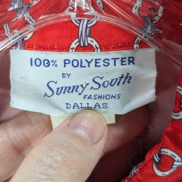 Vtg Sunny South Shirt Womens Medium Red Chain Print Long Sleeve Button Belted - Picture 7 of 8